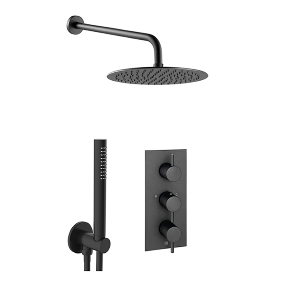 Product Cut out image of the JTP Vos Matt Black 2 Outlet 3 Handle Shower Pack with Fixed Head & Handset