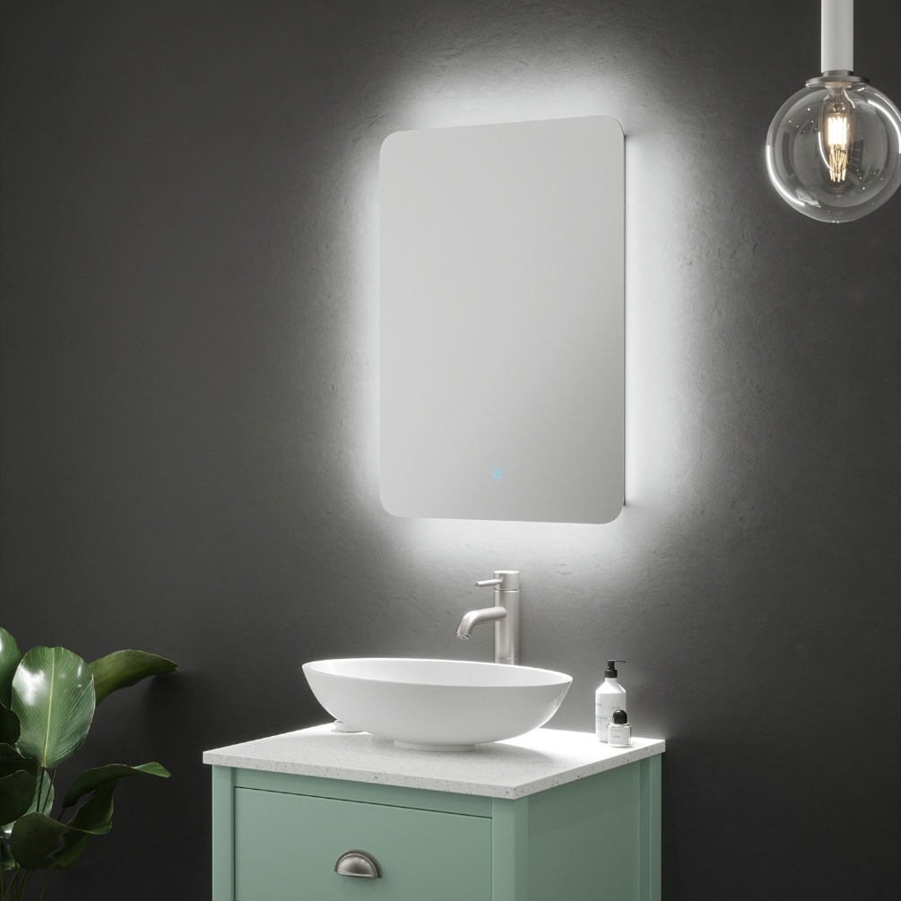Product Lifestyle image of the Rose Backlit Colour Changing LED Mirror emitting cool white light