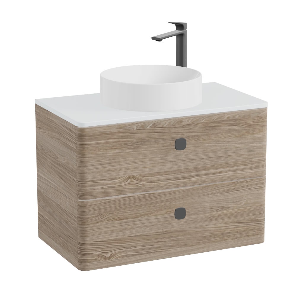Vado Cameo 800mm Natural Oak Wall Hung 2 Drawer Vanity Unit, Arctic Worktop & Gloss Basin