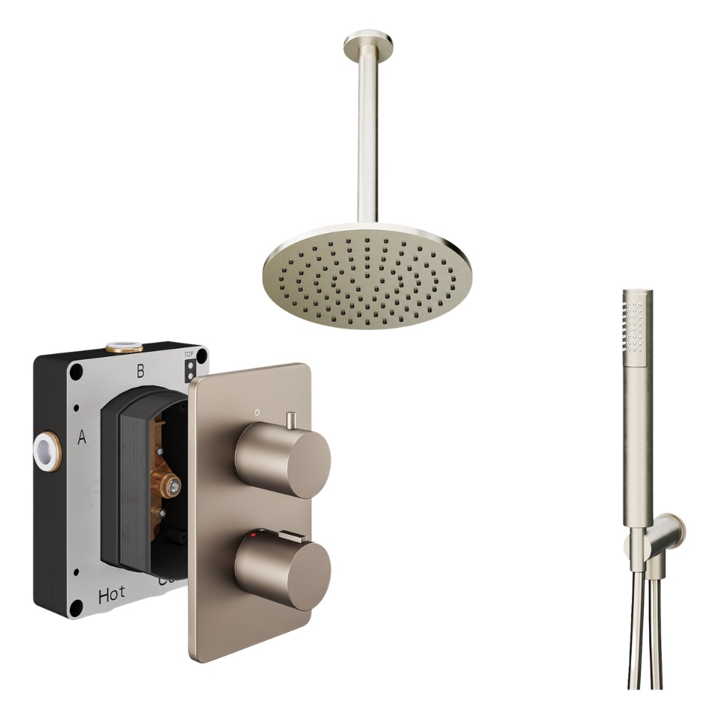 Product Cut out image of the Abacus Iso Brushed Nickel 2 Outlet Shower Pack with Ceiling Head & Handset