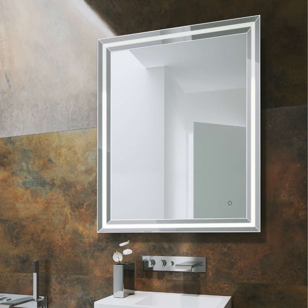 Lifestyle image of the Origins Living Ravenna Light Mirror hanging on a wall in front of a basin B008417 B008424 B008431