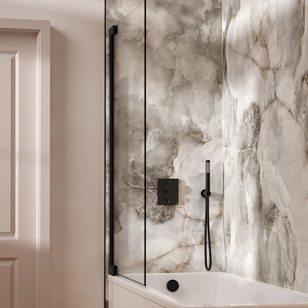 Lifestyle image of Crosswater Crossbox Push Matt Black Dual Outlet Bath Filler Set