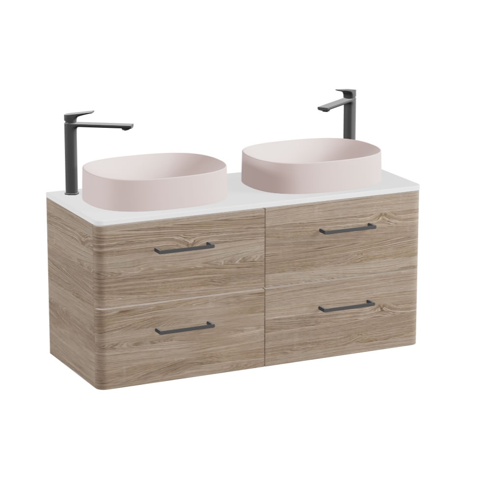 Vado Cameo 1200mm Natural Oak Wall Hung 4 Drawer Vanity Unit, Gloss Worktop & Pink Oval Basin