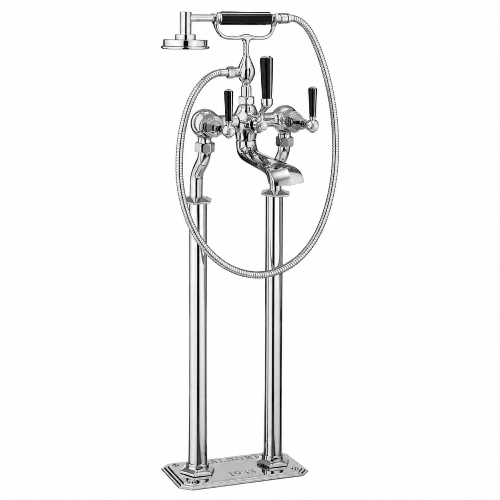 Cut out image of the Crosswater Waldorf Chrome Freestanding Black Lever Bath Shower Mixer