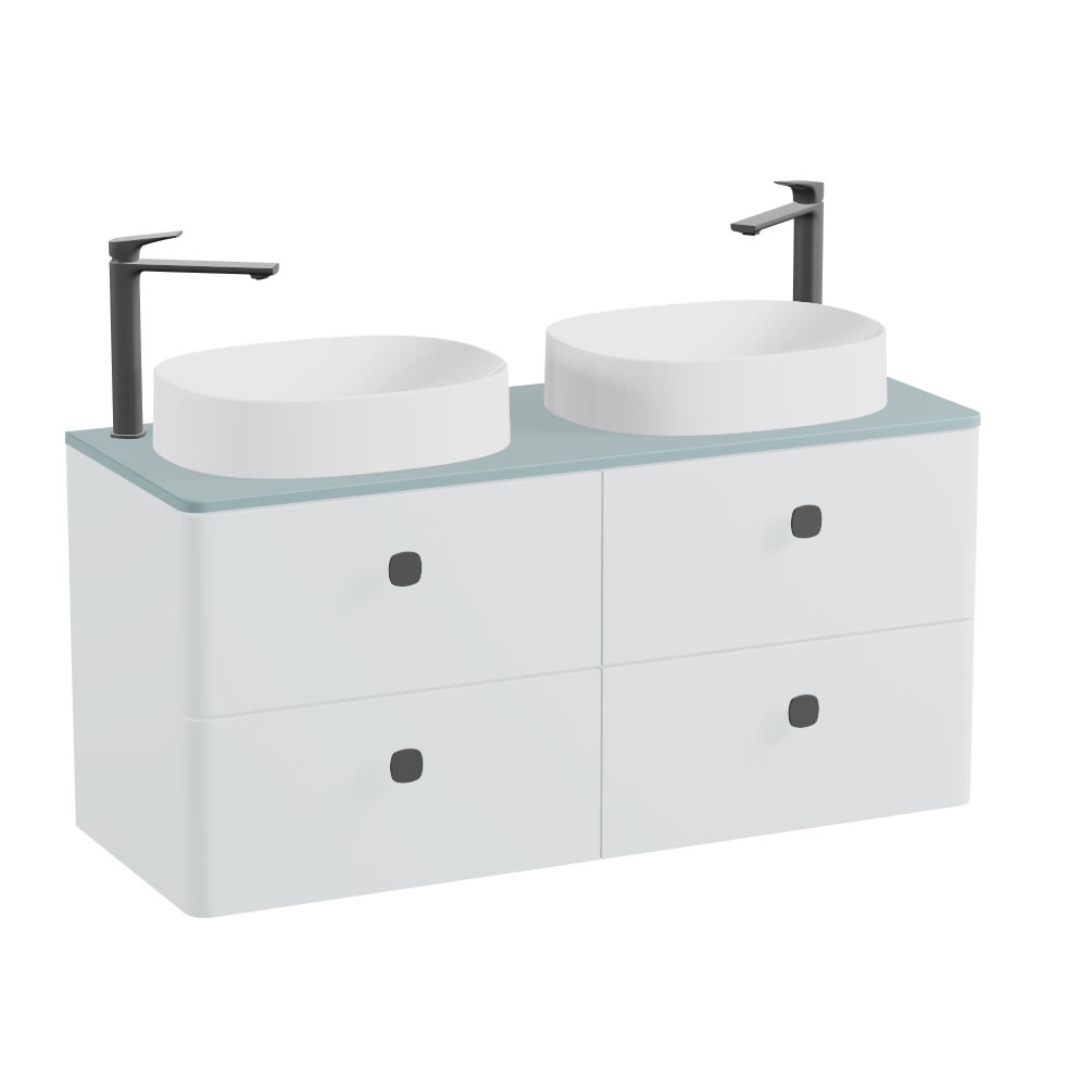 Vado Cameo 1200mm Arctic White Wall Hung 4 Drawer Vanity Unit, Cove Blue Worktop & Gloss White Oval Basins
