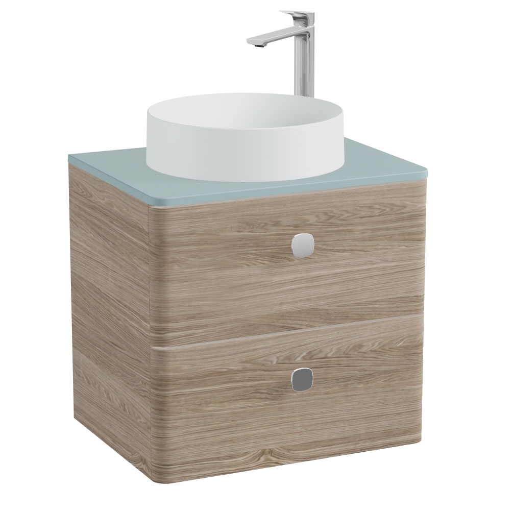 Vado Cameo 600mm Natural Oak Wall Hung Vanity Unit, Cove Blue Worktop & Arctic White Basin