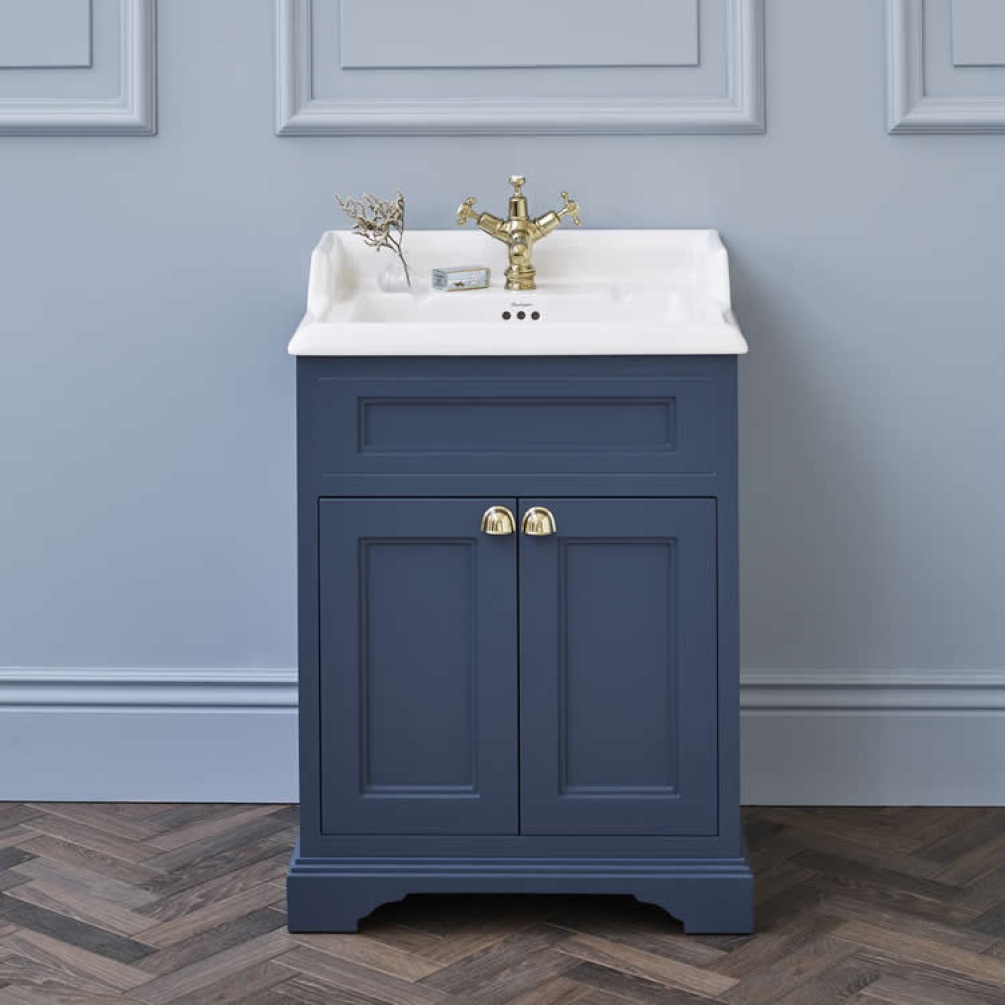 Product Lifestyle image of the Burlington Classic 650mm Basin & Blue Freestanding Vanity Unit with Doors in a room with blue walls