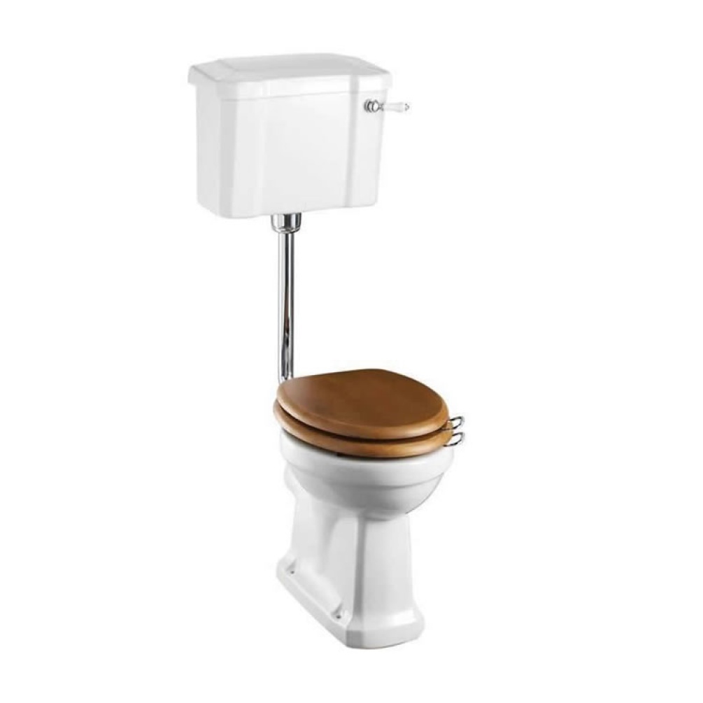 Product Cut out image of the Burlington Regal Slimline Low Level Toilet with an Oak Toilet Seat