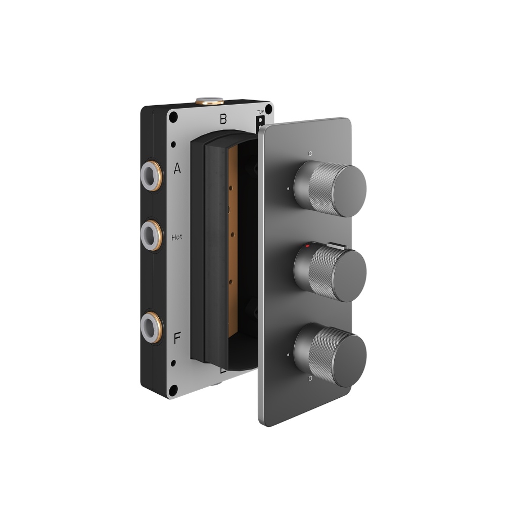 Product Cut out image of the Abacus Iso Pro Anthracite 3 Outlet 3 Handle Thermostatic Shower Valve