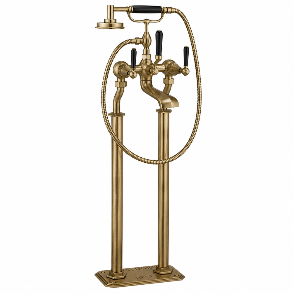 Cut out image of the Crosswater Waldorf Brushed Brass Freestanding Black Lever Bath Shower Mixer
