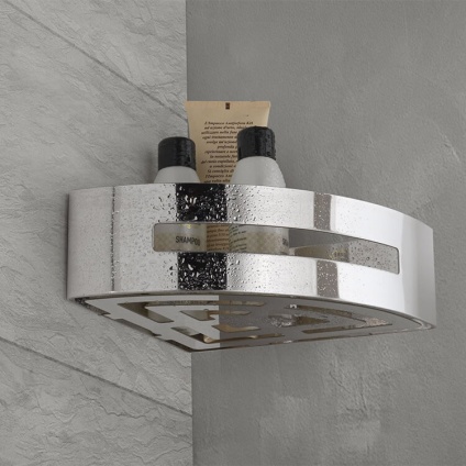 Lifestyle image of Origins Living Gedy Poseidon Corner Basket mounted on grey-white tiles..