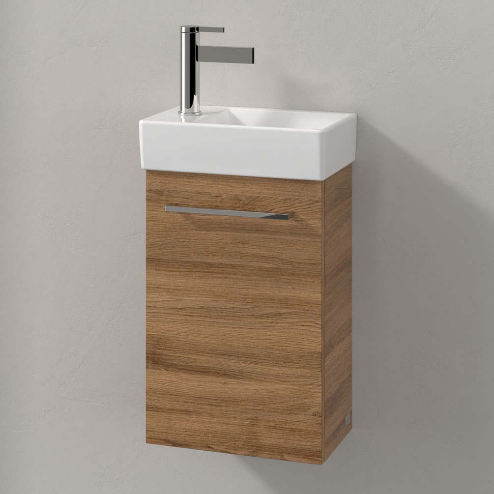 Lifestyle image of Villeroy & Boch Avento Kansas Oak 360mm Left-Handed Cloakroom Vanity Unit