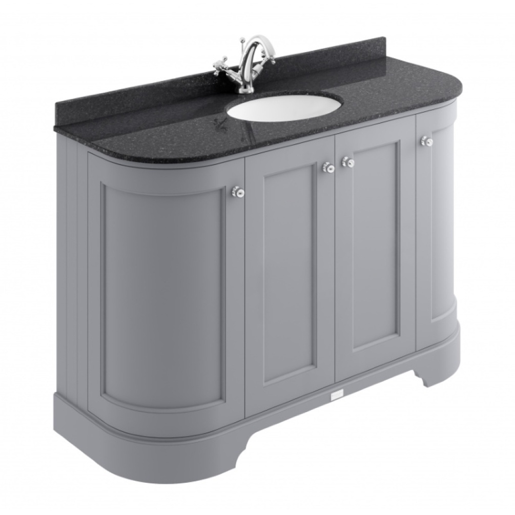 Product cut out image of Bayswater 1200mm Curved 4 Door Basin Cabinet Vanity Unit Plummett Grey with Black Marble Worktop and 1 Tap Hole Basin BAYF164 BAYC239