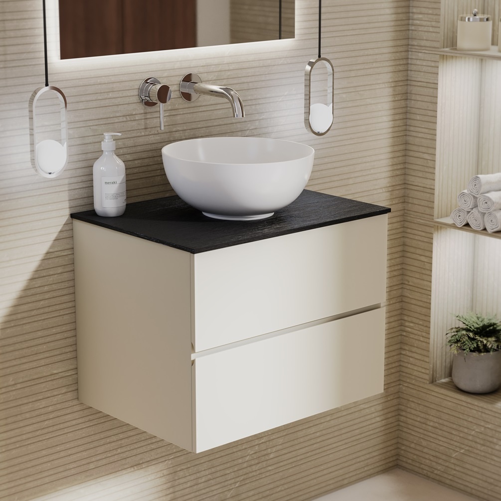 product lifestyle image of Zero Sahara Silk 600mm Double Drawer Wall Hung Vanity Unit and Mune Black Worktop 1042-BL1162C-L055K