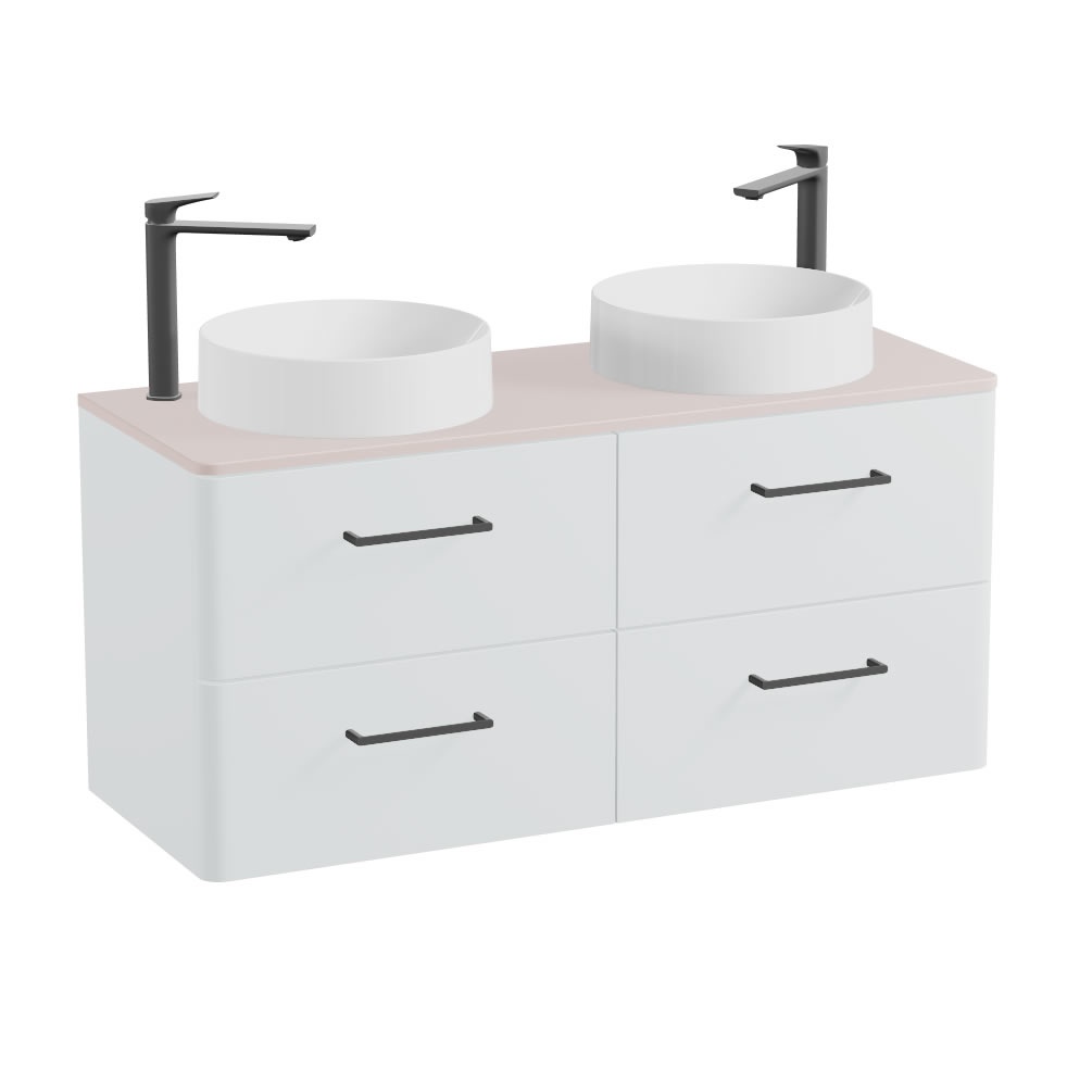 Vado Cameo 1200mm Arctic White Wall Hung 4 Drawer Vanity Unit, Pink Clay Worktop & Gloss White Basins
