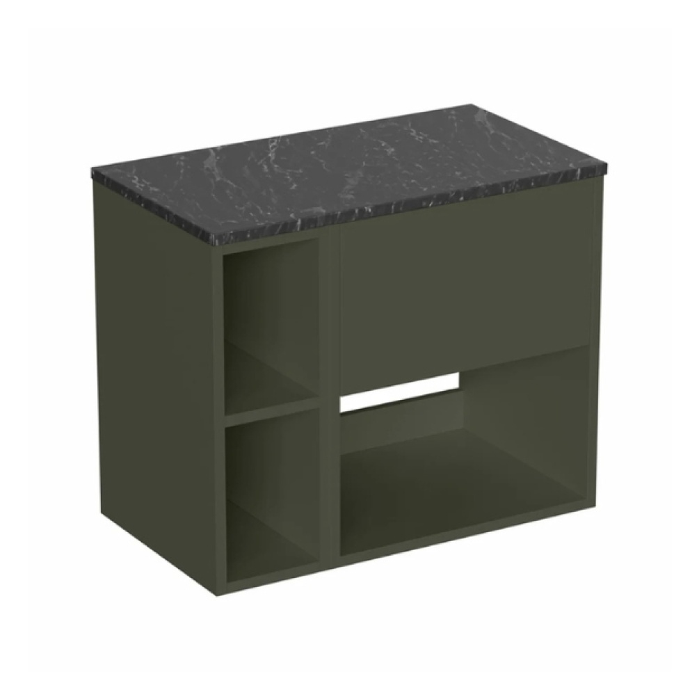 Cut out image of the Britton Hackney Earthy Green 700mm Wall Hung Vanity Unit with Marquina Worktop & Shelf Unit