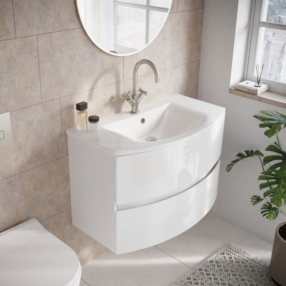 Lifestyle image of Crosswater Svelte White Gloss Wall-Hung Vanity Unit & Basin