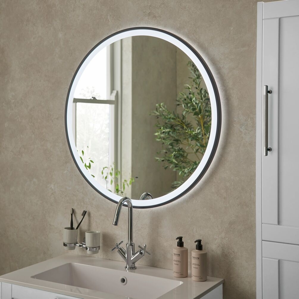 Heritage Newick Black Round 800mm Illuminated Mirror - Illuminated Lights On