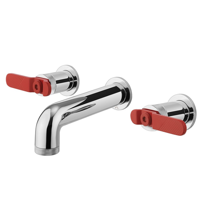 Crosswater Union Chrome Three Tap Hole Wall Mounted Basin Mixer with Red Levers