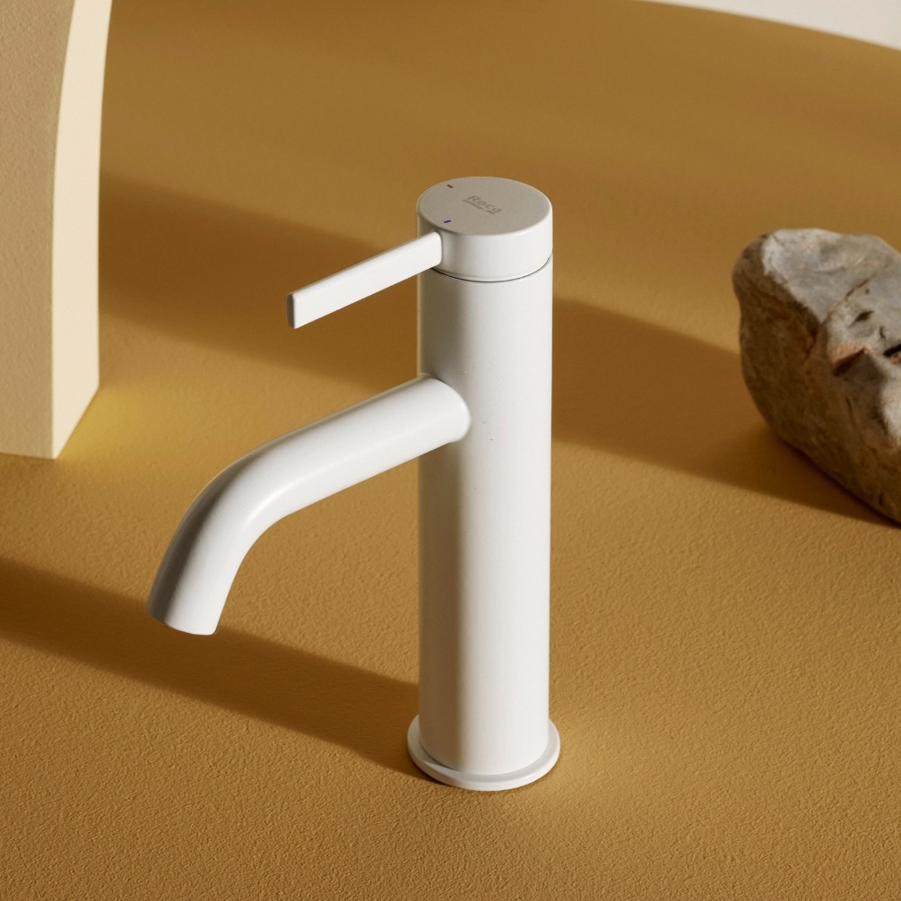 Lifestyle image of the Roca Ona Matt White Basin Mixer Tap with Click-Clack Waste