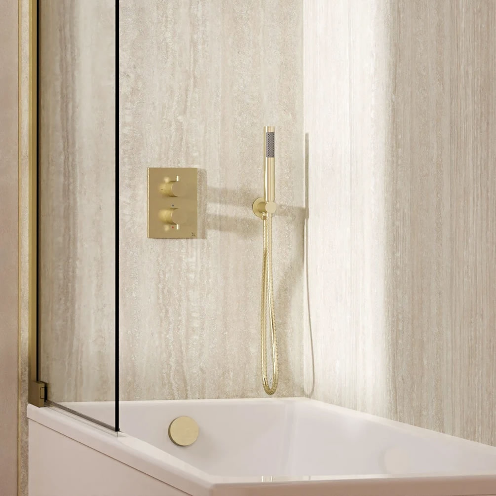 Lifestyle image of Crosswater Crossbox Brushed Brass Dual Outlet Bath Filler Set