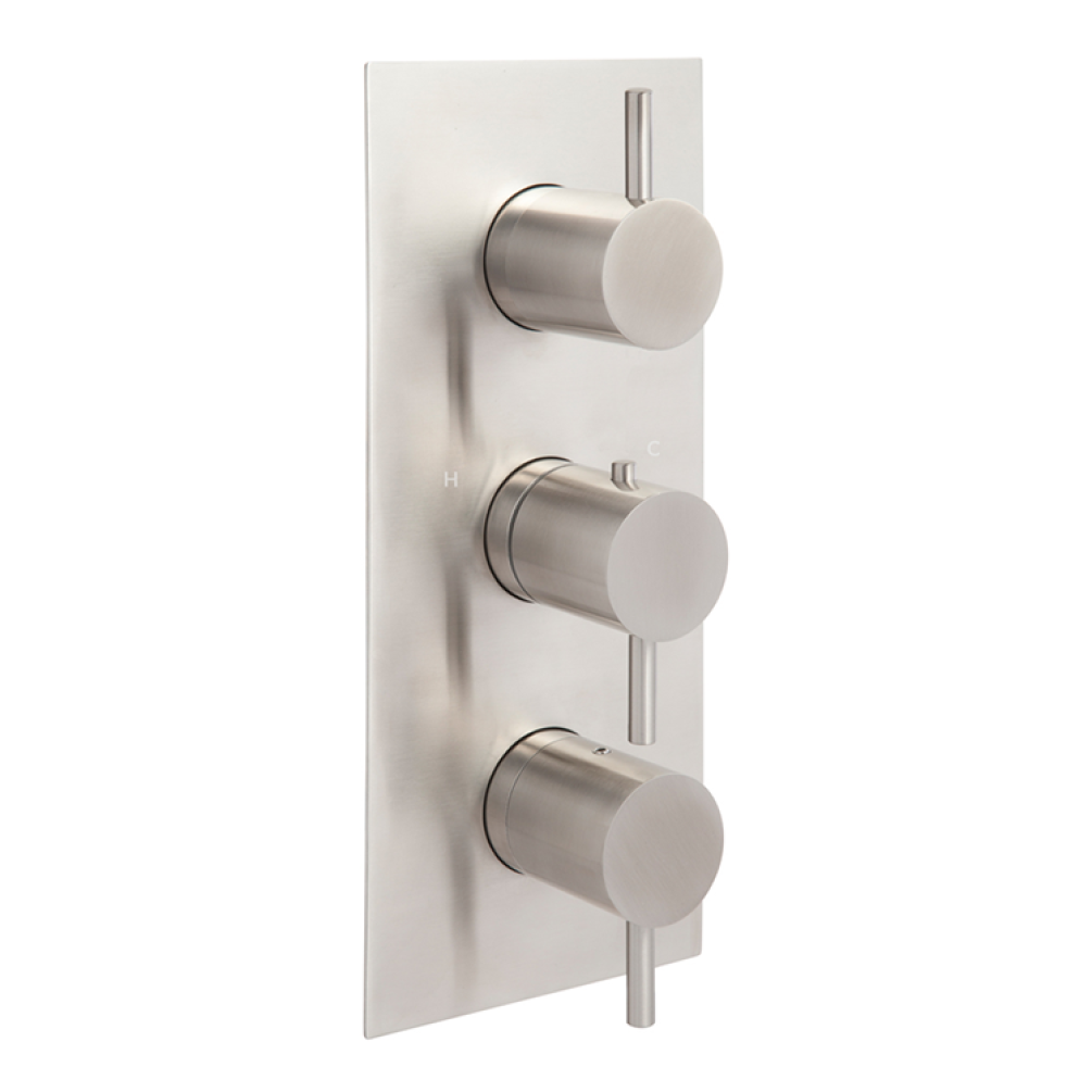 Photo of JTP Inox Brushed Stainless Steel Portrait Triple Outlet Shower Valve Cutout