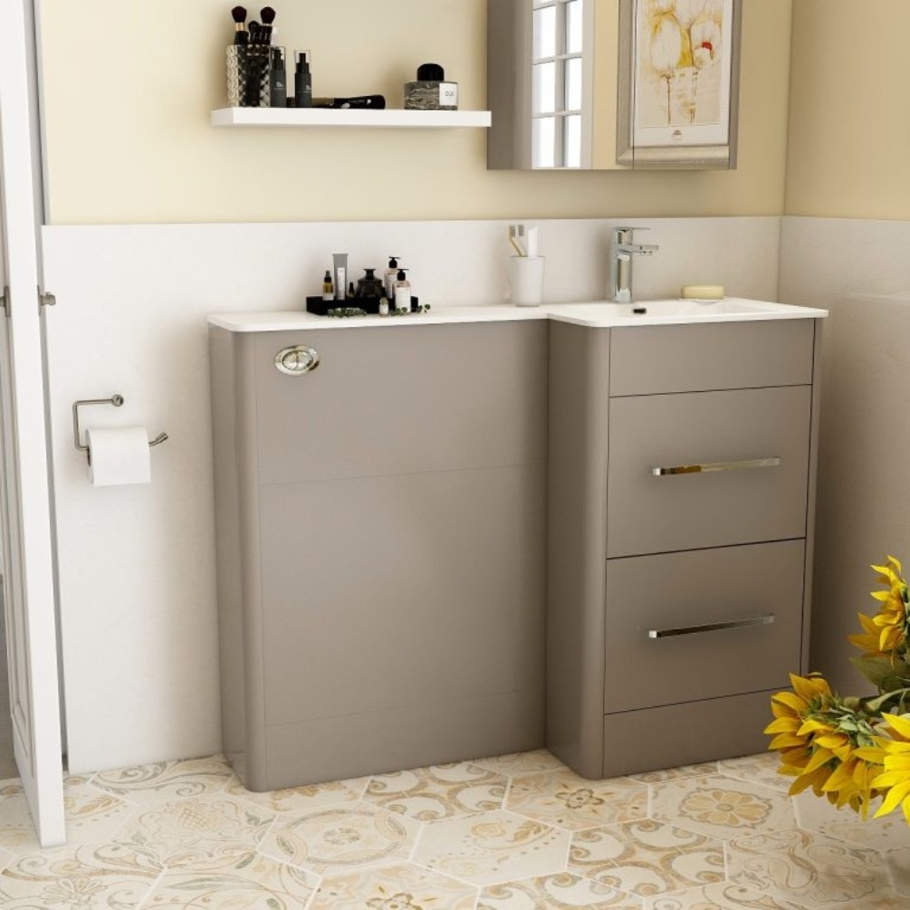 Imex Suburb Matt Ash 600mm 2 Drawer Right Handed Toilet & Sink Vanity Unit Lifestyle