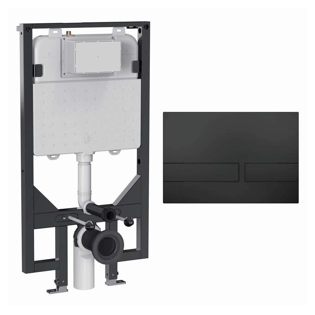 Cutout image of Crosswater 1140mm Ultra-Slim Wall-Hung Cistern Frame & Venue Matt Black Dual Flush Plate