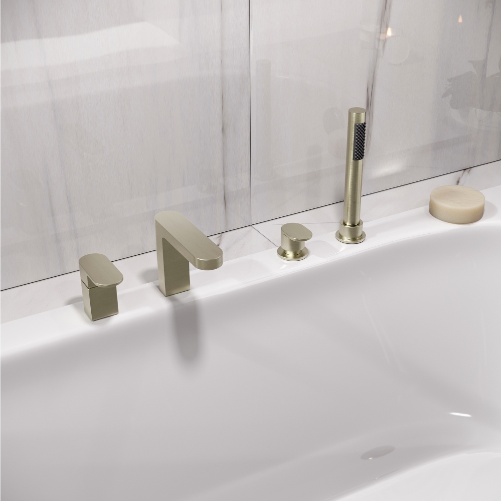 Product Lifestyle image of the Abacus Ki Brushed Nickel 4 Tap Hole Deck Mounted Bath Shower Mixer