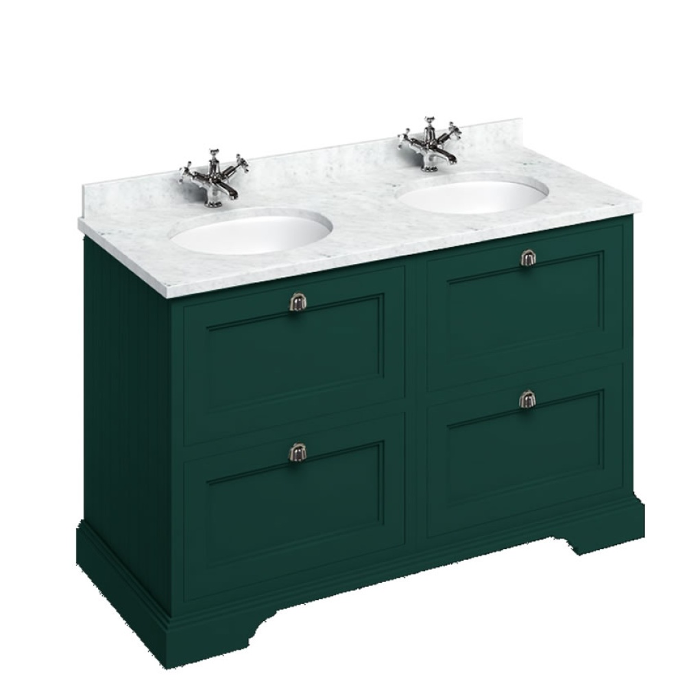 Burlington Minerva 1300mm Double Worktop & Matt Green Freestanding Vanity Unit with Drawers