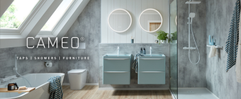 image of a vado cameo lifestyle shot in bathroom with angled roof and two windows in grey with Cameo text written