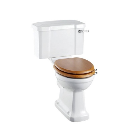 Product Cut out image of the Burlington Close Coupled Toilet with a Chrome Lever and an Oak Soft Close Seat