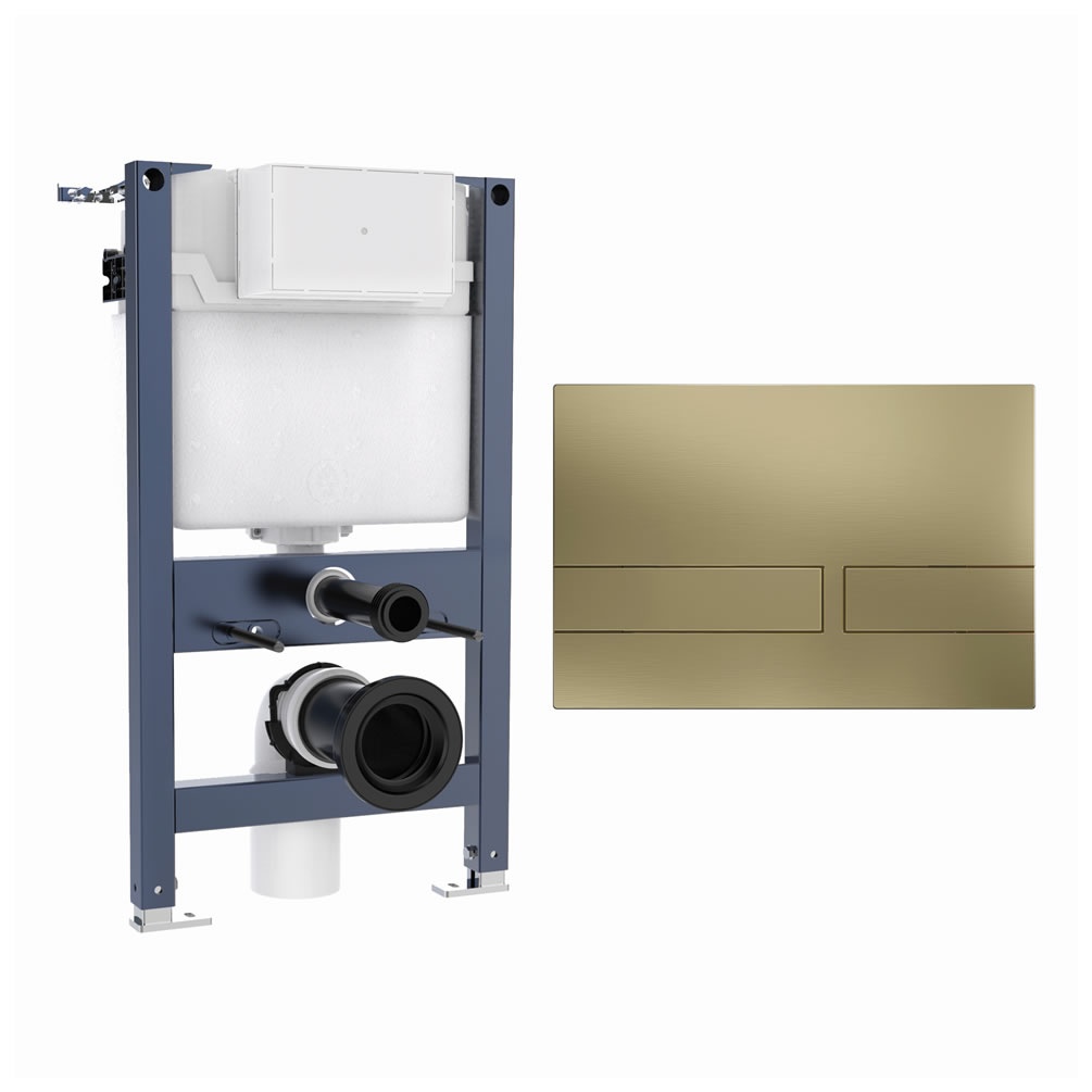 Cutout image of Crosswater 820mm Wall-Hung Cistern Frame & Venue Brass Dual Flush Plate