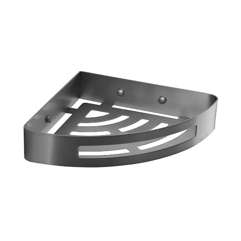 Close up product image of the Origins Living Nerva Gunmetal Corner Shower Basket