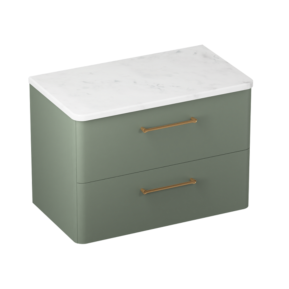 Product cut out photo of Britton Bathrooms Camberwell Earthy Green 800mm Wall Hung Vanity Unit with Brushed Brass Handles and worktop C80DDG