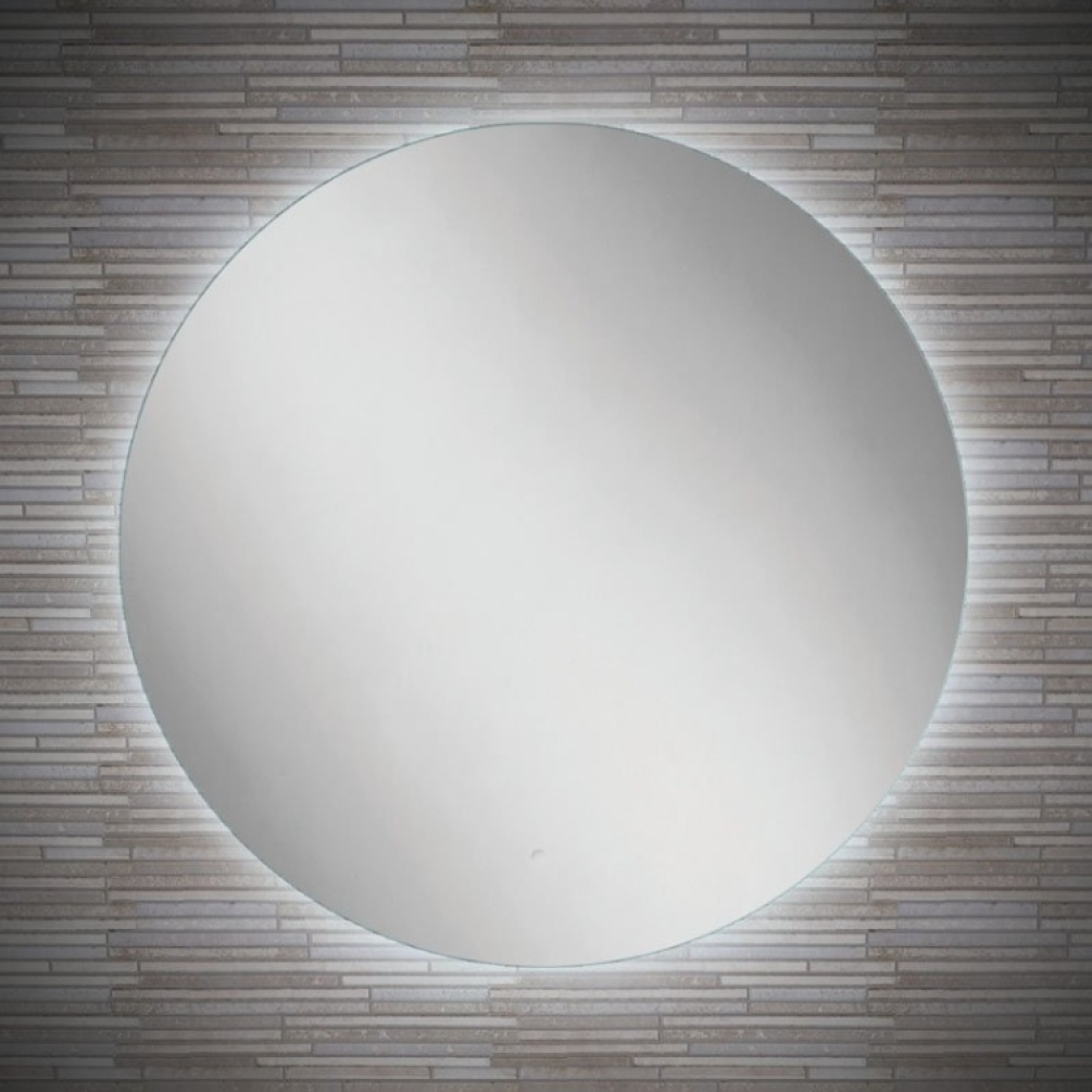 Close up product image of the HIB Theme 800mm Round LED Bathroom Mirror emitting cool white light