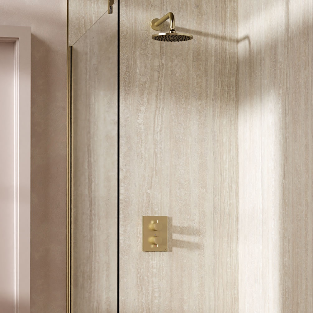 Lifestyle image of Crosswater Crossbox Brushed Brass Single Outlet Rainfall Shower Set