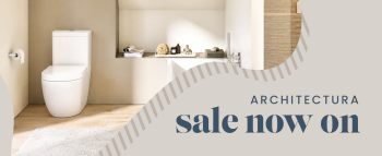 image of a close coupled toilet with a stripy curved dividing border and text saying Architectura Sale Now on