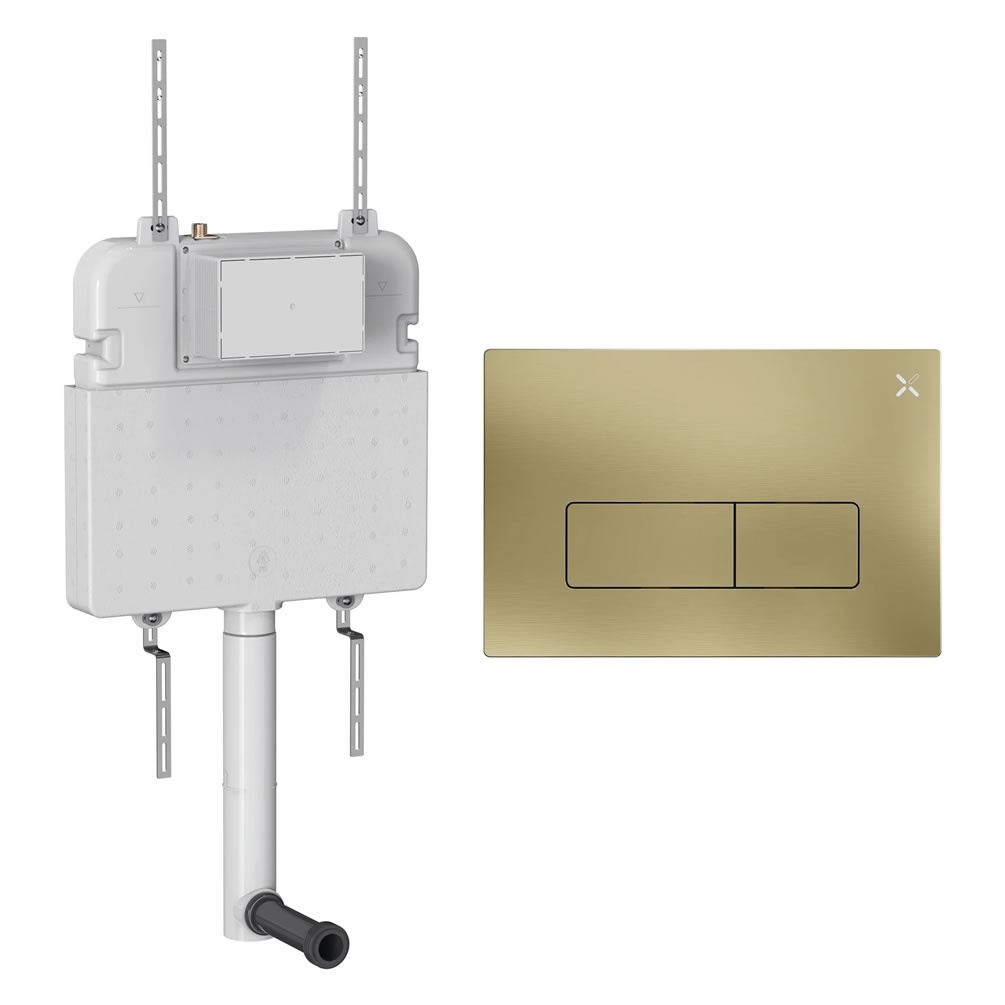 Cutout image of Crosswater 530mm Concealed Back-to-Wall Cistern & MPRO Brushed Brass Dual Flush Plate