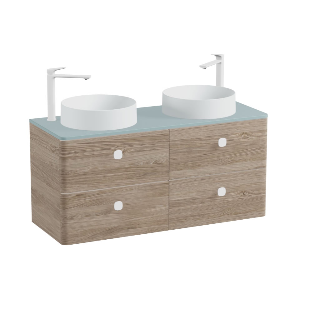 Vado Cameo 1200mm Natural Oak Wall Hung 4 Drawer Vanity Unit, Cove Blue Worktop & Arctic Round Basins