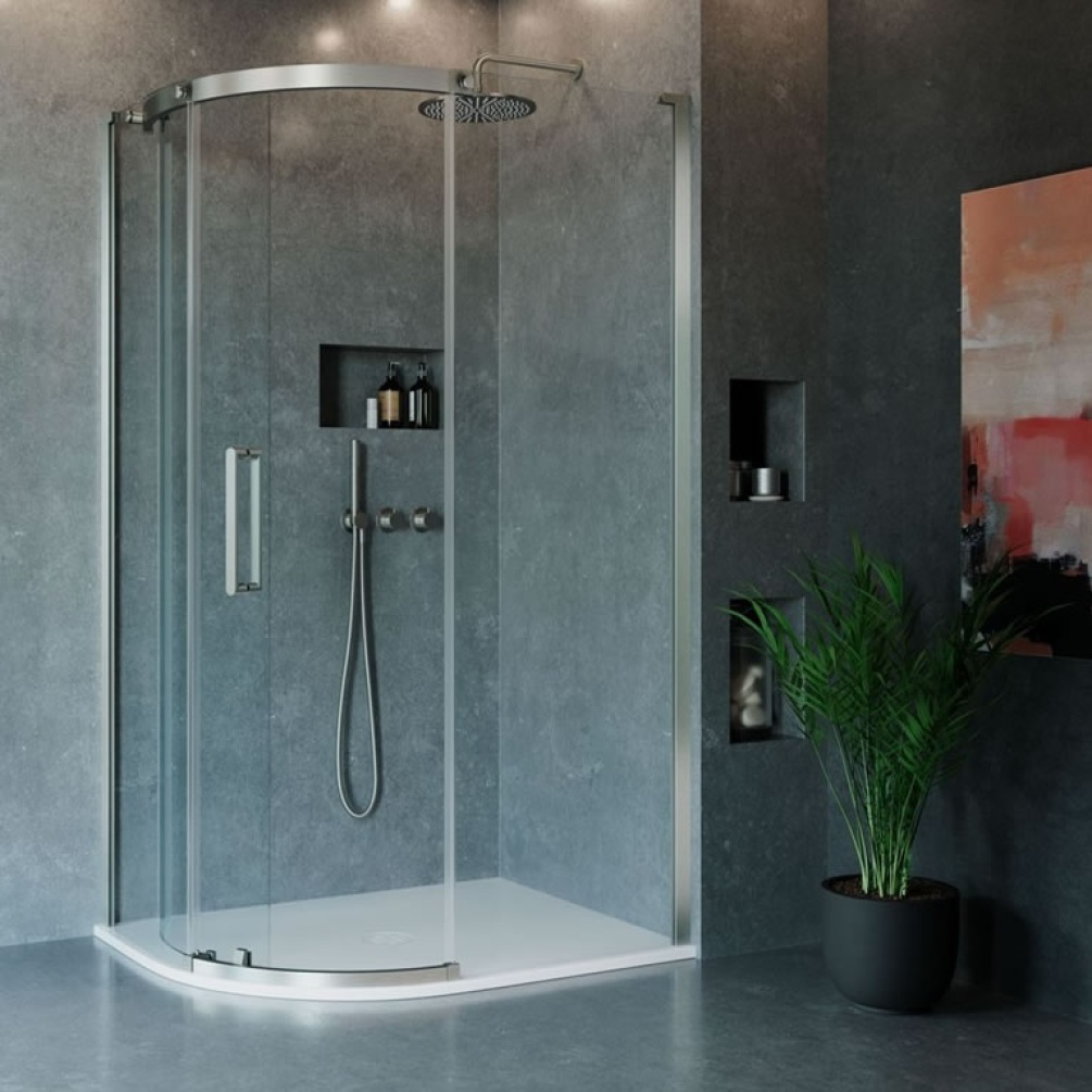 Lifestyle image of Crosswater Optix 10 Brushed Stainless Steel Offset Quadrant Shower Enclosure