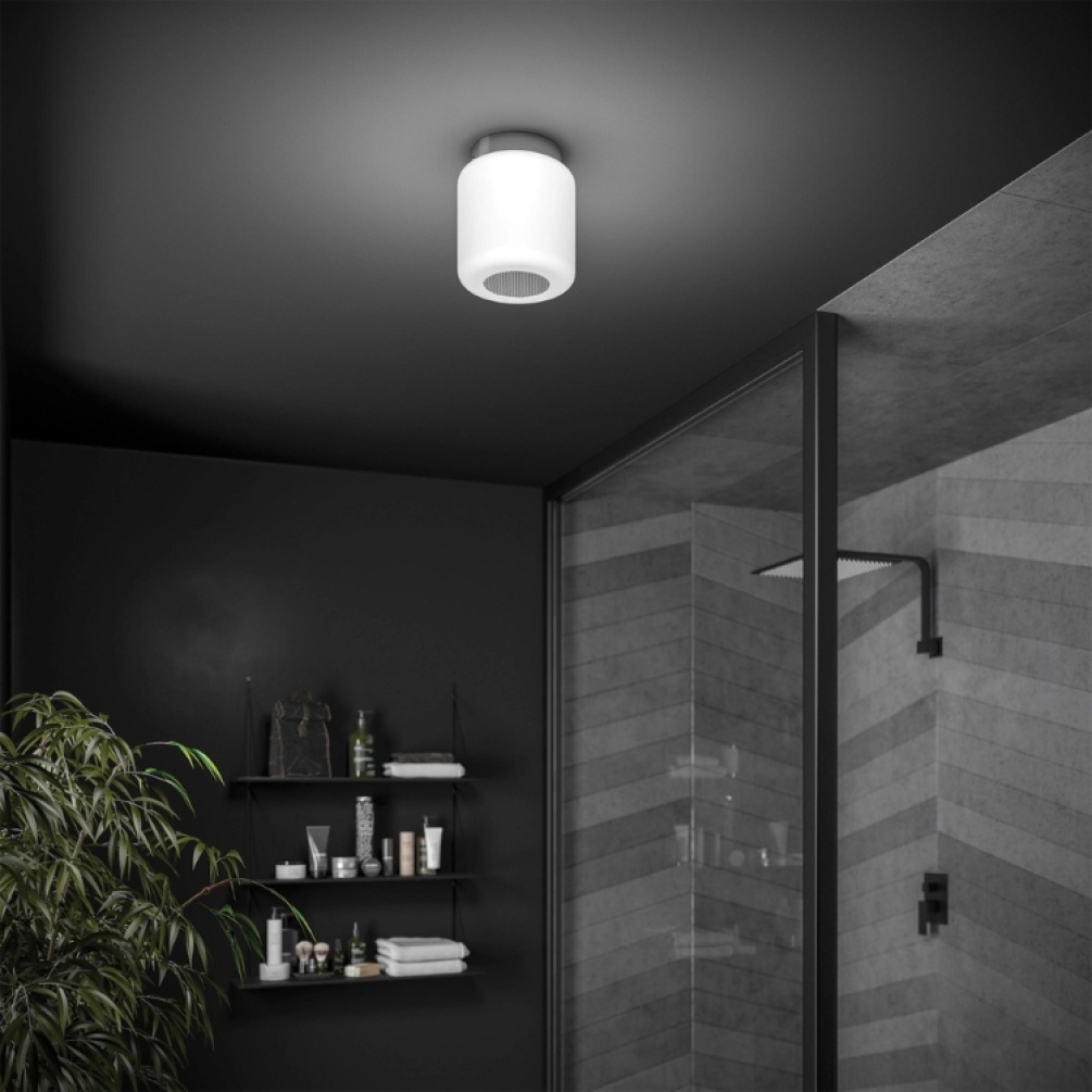 Close up product lifestyle image of the HIB Rhythm Bluetooth LED Ceiling Light emitting white light