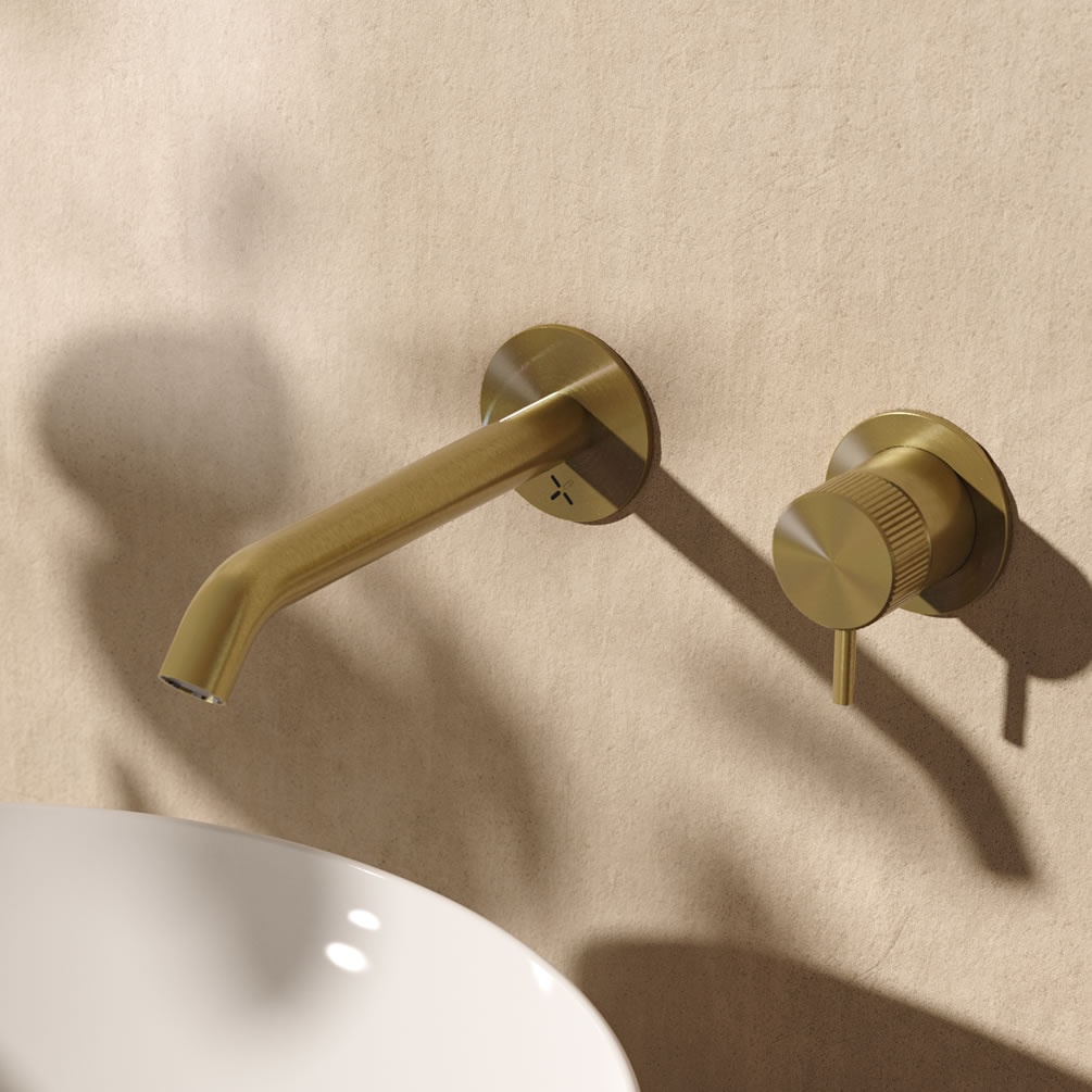 Lifestyle image of Crosswater 3ONE6 316 Brushed Brass Wall Mounted Basin 2 Hole Set