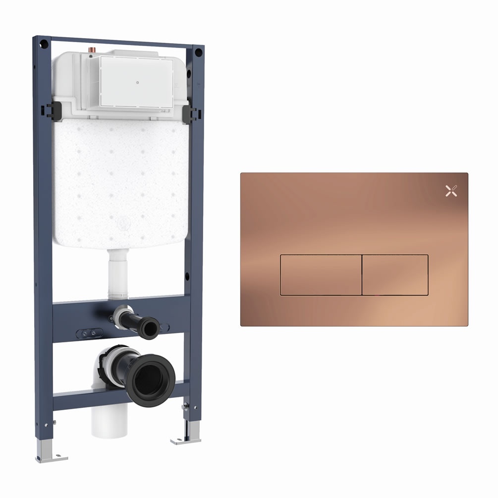 Cutout image of Crosswater 1120mm Slim Wall-Hung Cistern Frame & MPRO Brushed Bronze Stainless Steel Dual Flush Plate