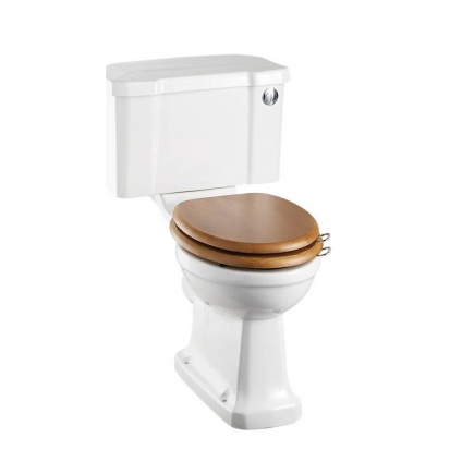 Product Cut out image of the Burlington Regal Close Coupled Toilet with Push Button and an Oak Toilet Seat