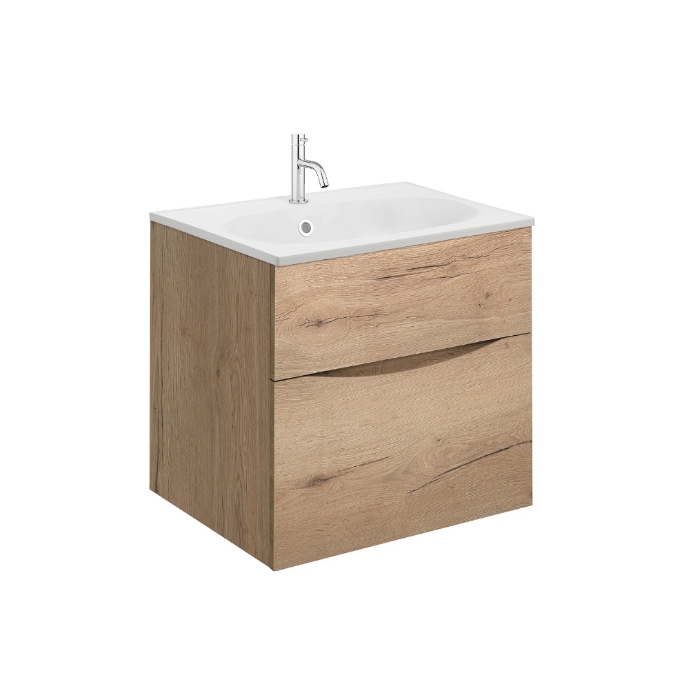 Product Cut out image of the Crosswater Glide II Windsor Oak 500mm Double Drawer Unit with Matt White 1 Tap Hole Basin