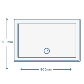 icon image of a 900mm x 800mm rectangular shower tray with dimensions and arrows showing length and width