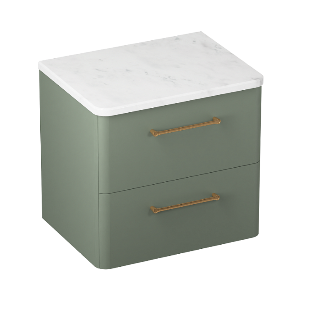Product cut out photo of Britton Bathrooms Camberwell Earthy Green 600mm Wall Hung Vanity Unit with Brushed BrassHandles and worktop C60DDG