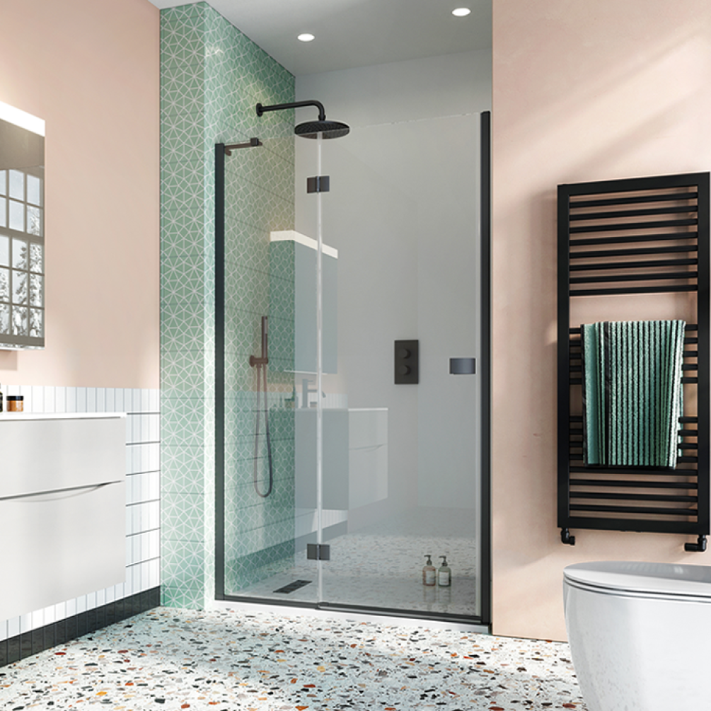 Photo of Crosswater Design 8 Matt Black Hinged Door with Inline Panel in Recess