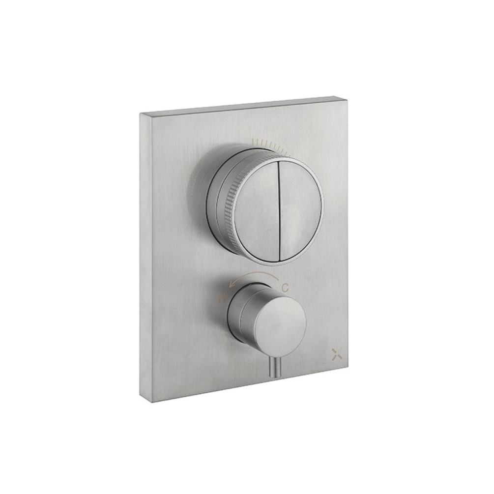 Photo of Crosswater MPRO Brushed Stainless Steel Twin Outlet Crossbox Push Shower Valve Cutout